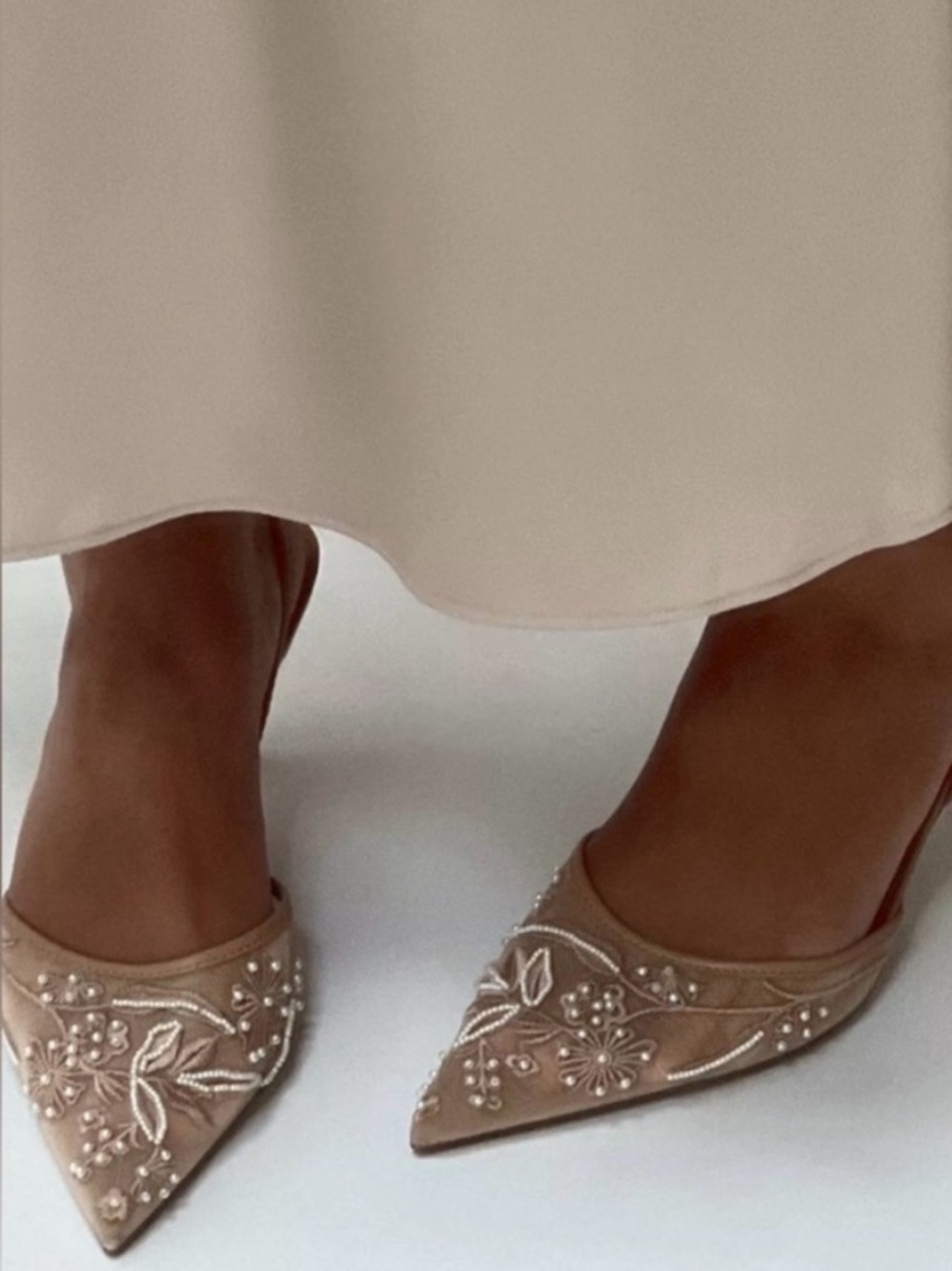 Zara Nude Embroidered Mesh Slingback Kitten Heels - Picture 2 of 7